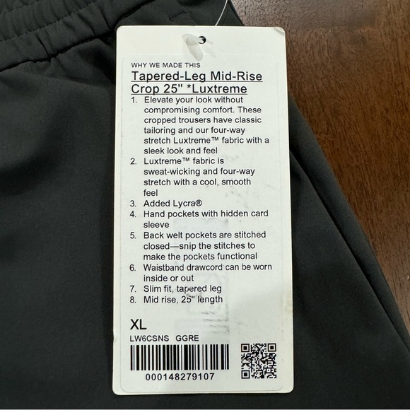 New! Lululemon Tapered-Leg Mid-Rise Crop Pants 25” Luxtreme Size XL - Picture 6 of 11